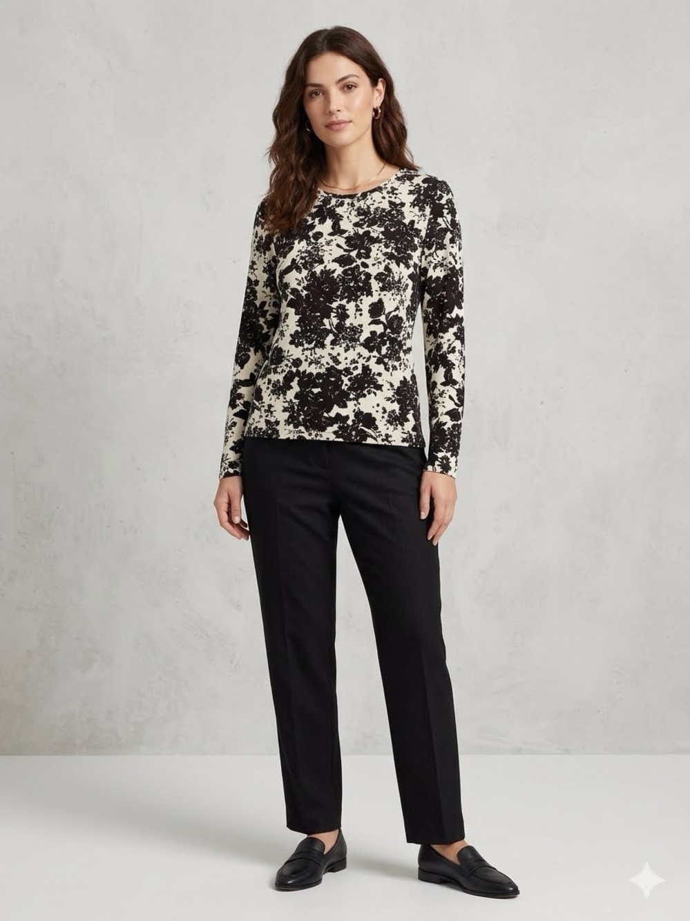 Vintage White Stag Black and Cream Floral Long-Sleeve Top
